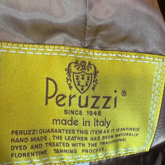 Vintage Chic Peruzzi Italy Caramel Brown Leather Tie Trench Coat Sz Lg - Picture 2 of 13